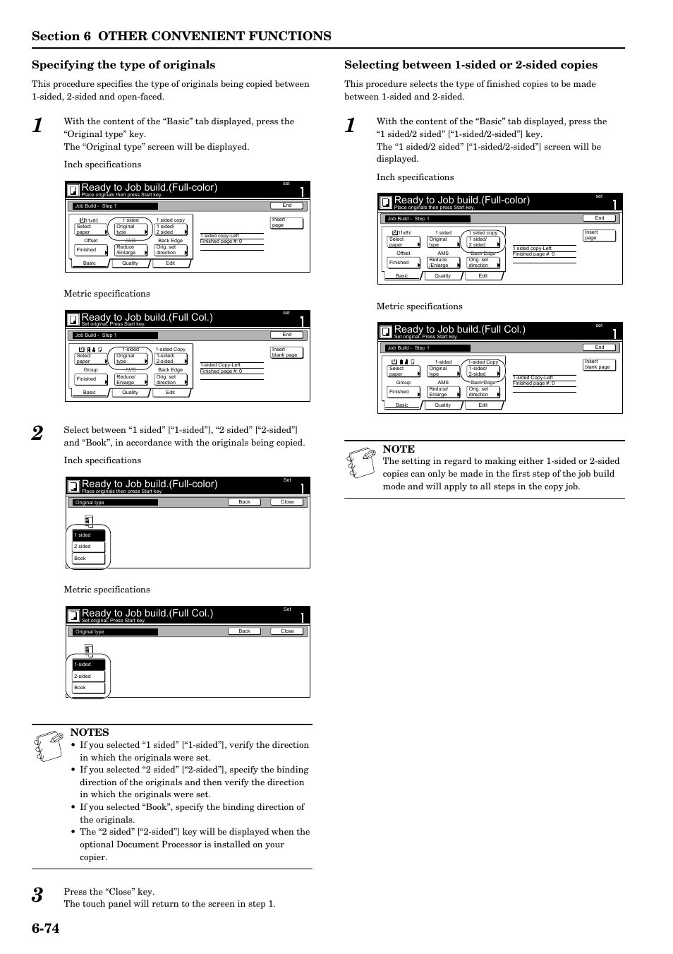 Specifying the type of originals, Selecting between 1-sided or 2-sided copies, Ready to job build.(full-color) | Ready to job build.(full col.) | TA Triumph-Adler DCC 2526 User Manual | Page 122 / 311