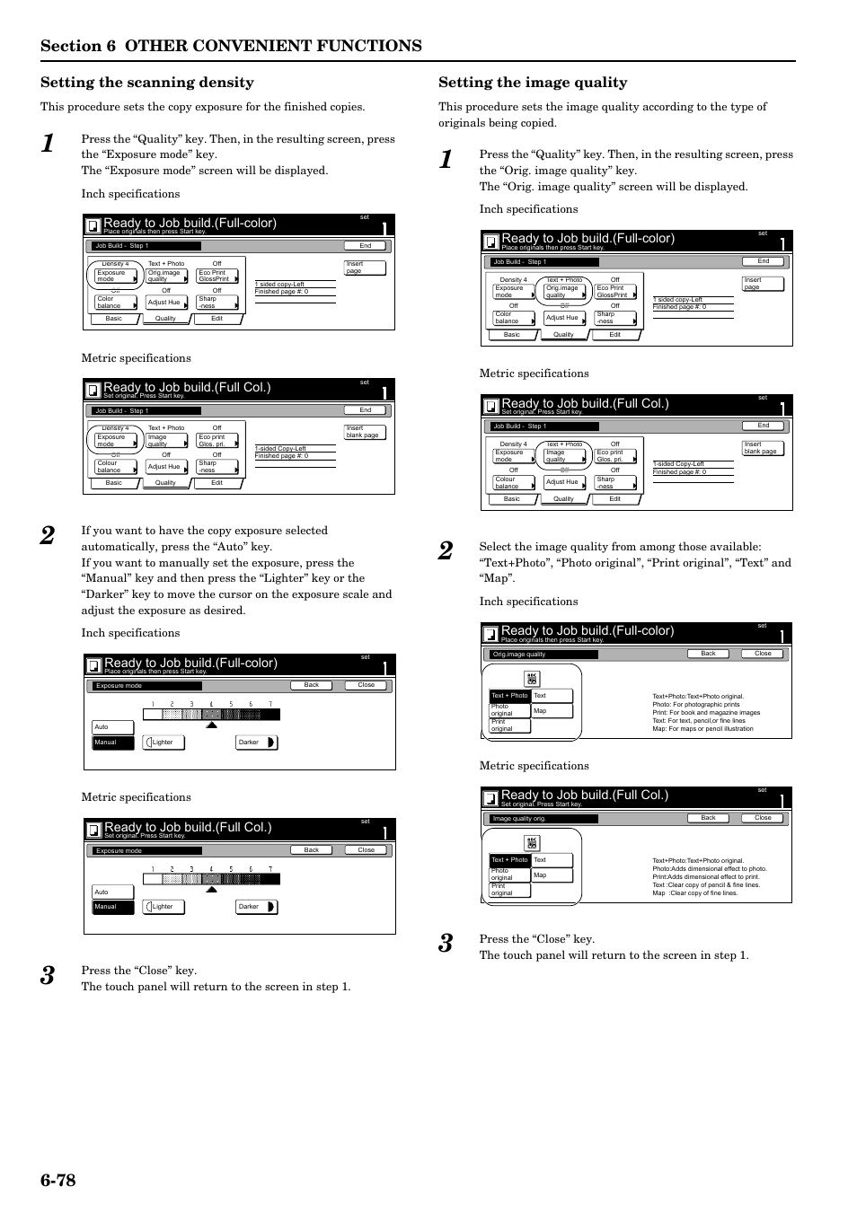 Setting the scanning density, Setting the image quality, Ready to job build.(full-color) | Ready to job build.(full col.) | TA Triumph-Adler DCC 2526 User Manual | Page 126 / 311