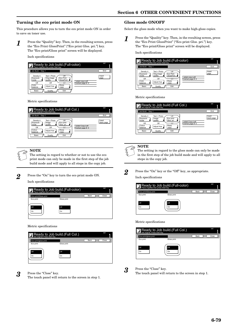 Turning the eco print mode on, Gloss mode on/off, Ready to job build.(full-color) | Ready to job build.(full col.) | TA Triumph-Adler DCC 2526 User Manual | Page 127 / 311