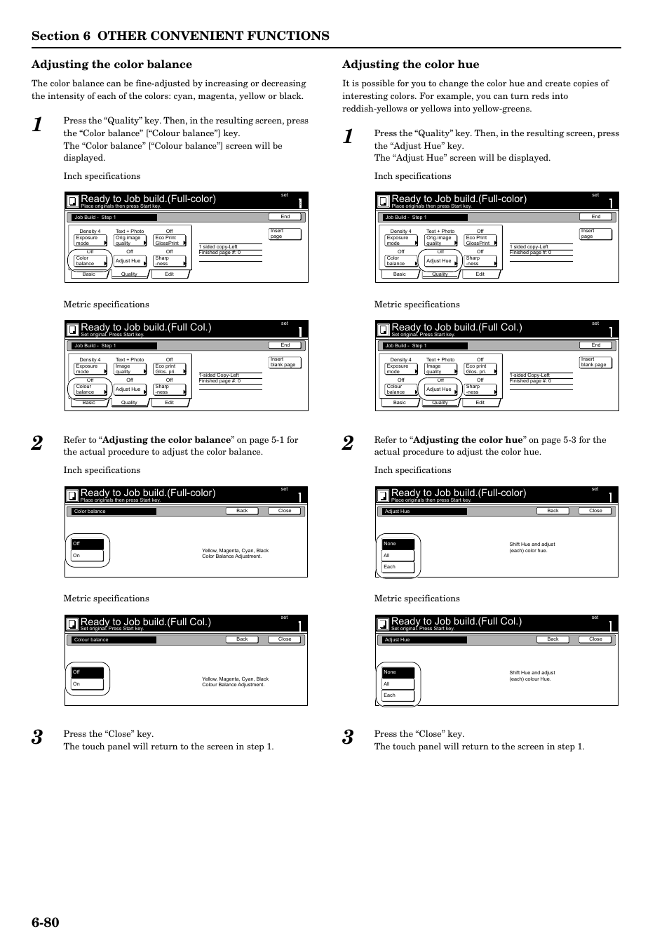 Adjusting the color balance, Adjusting the color hue, Ready to job build.(full-color) | Ready to job build.(full col.) | TA Triumph-Adler DCC 2526 User Manual | Page 128 / 311