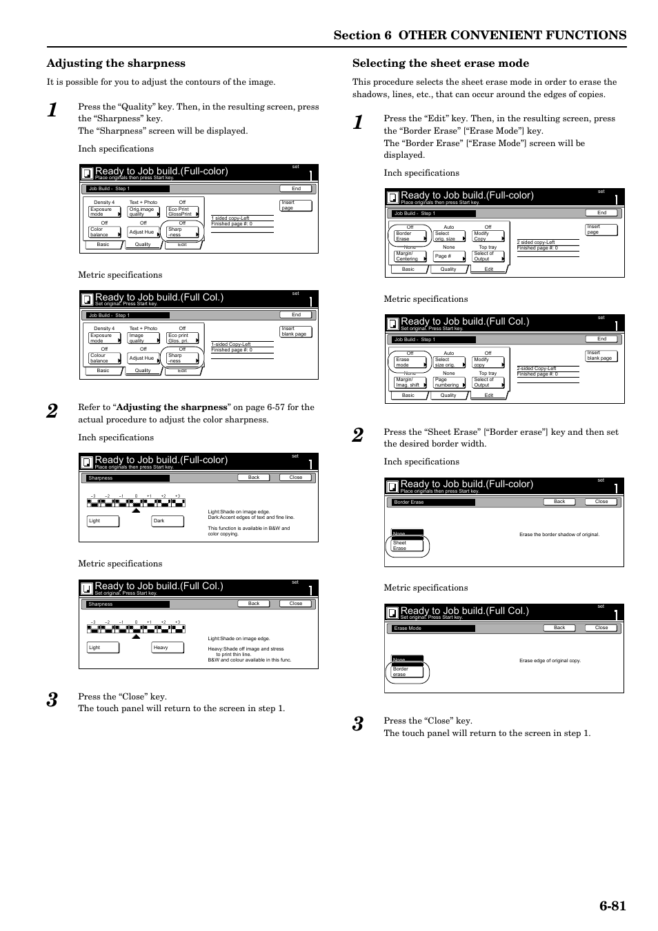 Adjusting the sharpness, Selecting the sheet erase mode, Ready to job build.(full-color) | Ready to job build.(full col.) | TA Triumph-Adler DCC 2526 User Manual | Page 129 / 311