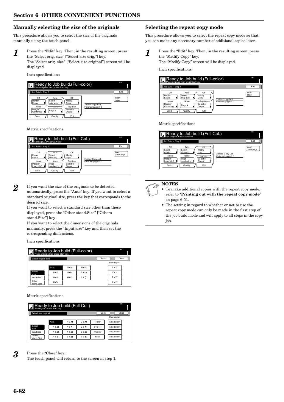 Manually selecting the size of the originals, Selecting the repeat copy mode, Ready to job build.(full-color) | Ready to job build.(full col.) | TA Triumph-Adler DCC 2526 User Manual | Page 130 / 311