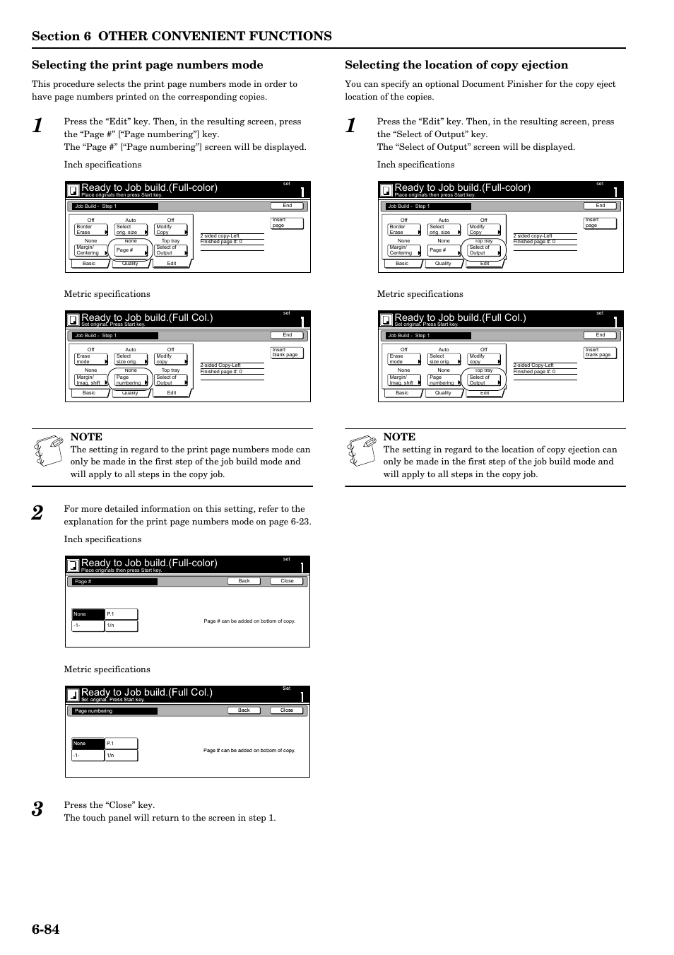 Selecting the print page numbers mode, Selecting the location of copy ejection, Ready to job build.(full-color) | Ready to job build.(full col.) | TA Triumph-Adler DCC 2526 User Manual | Page 132 / 311
