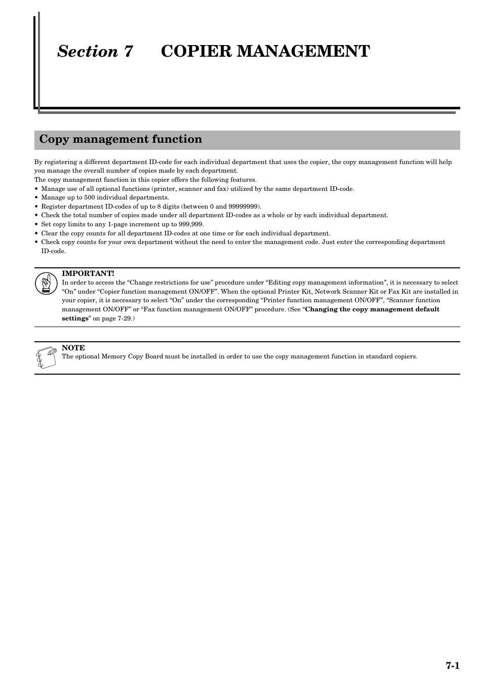 Section 7 copier management, Copy management function, Section 7 | Copier management -1, Copy management function -1 | TA Triumph-Adler DCC 2526 User Manual | Page 137 / 311