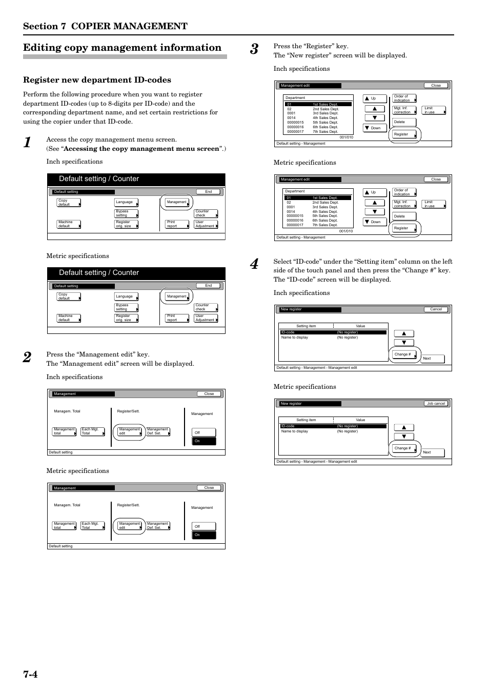 Editing copy management information, Editing copy management information -4, 4 editing copy management information | Register new department id-codes, Default setting / counter | TA Triumph-Adler DCC 2526 User Manual | Page 140 / 311