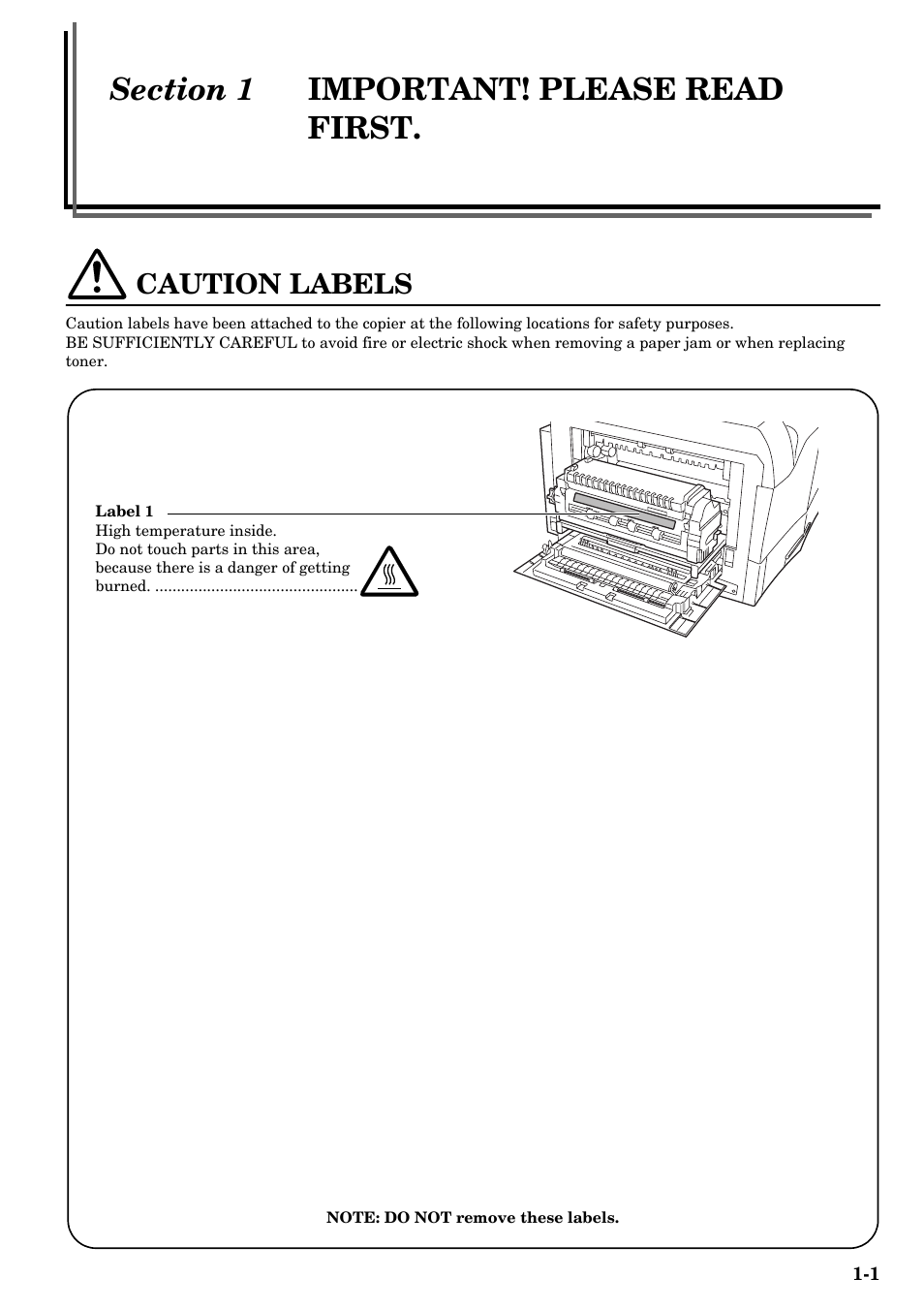 Section 1 important! please read first, Caution labels, Section 1 | Important! please read first. 1-1, Caution labels -1 | TA Triumph-Adler DCC 2526 User Manual | Page 15 / 311