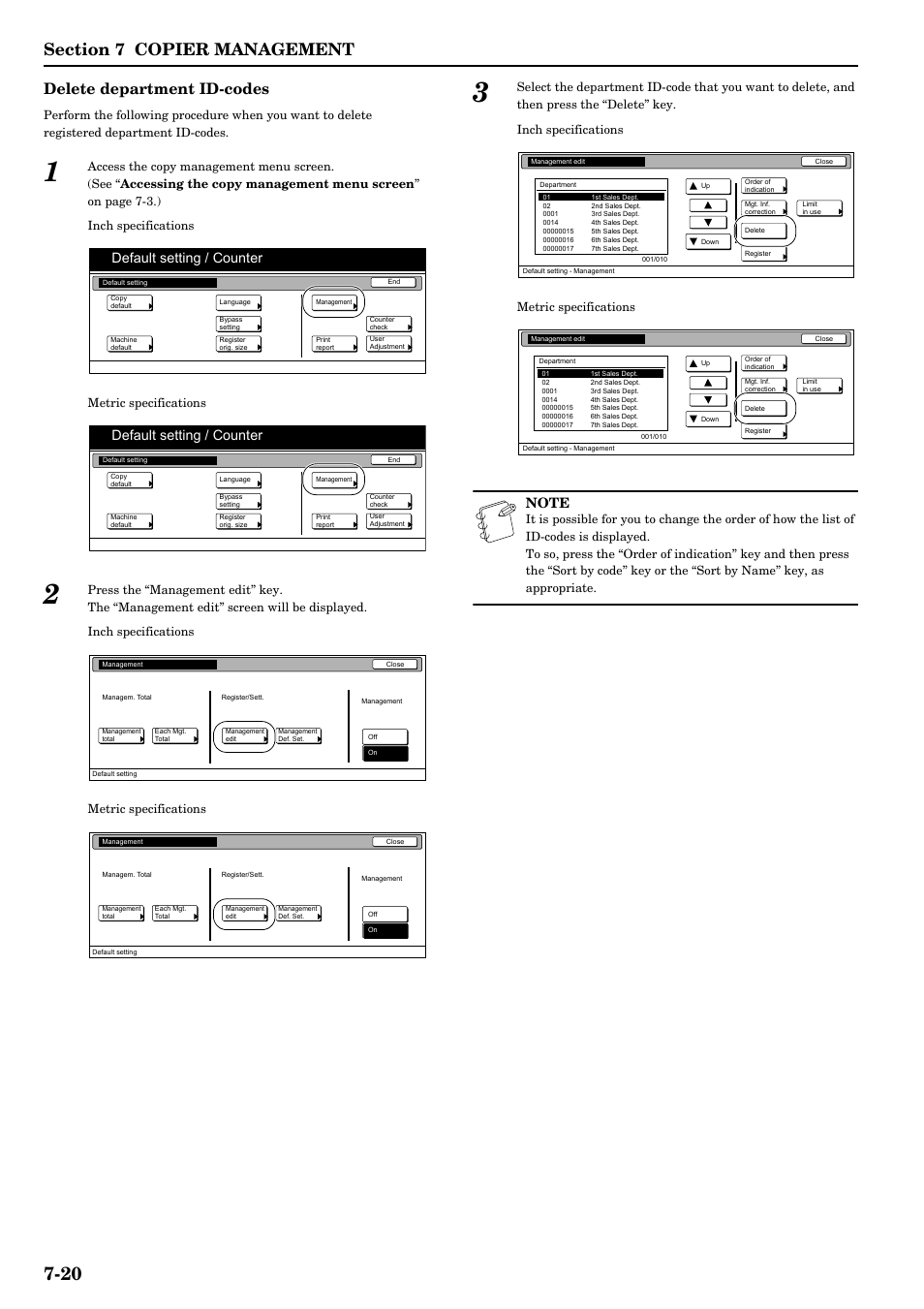 Delete department id-codes, Default setting / counter | TA Triumph-Adler DCC 2526 User Manual | Page 156 / 311
