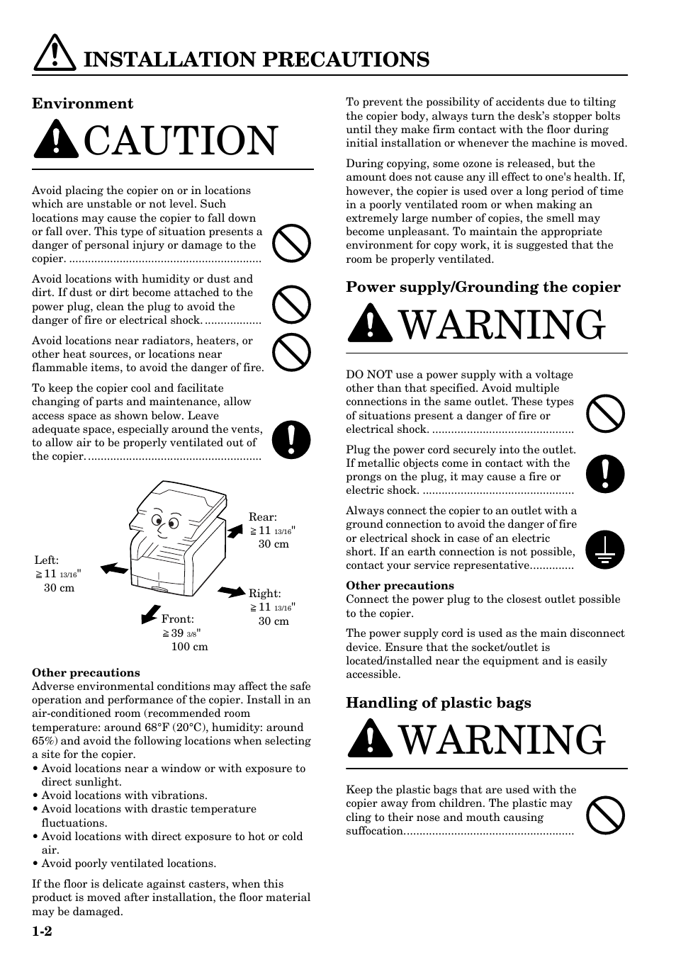 Installation precautions, Installation precautions -2, Caution | Warning, Environment, Power supply/grounding the copier, Handling of plastic bags | TA Triumph-Adler DCC 2526 User Manual | Page 16 / 311