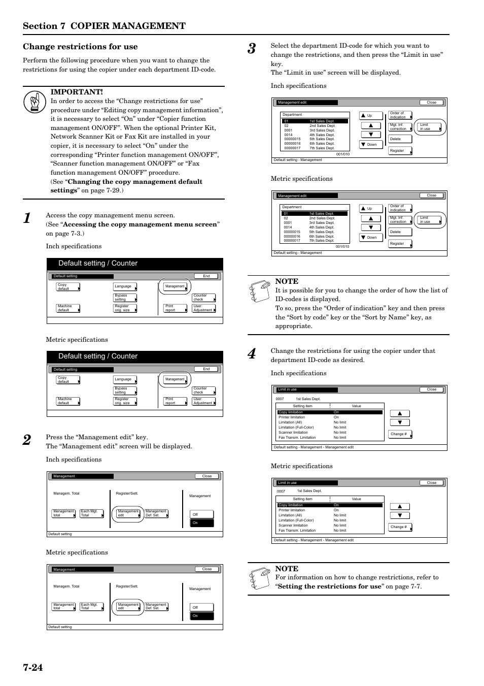 Change restrictions for use, Change restrictions for use ” o, Important | Default setting / counter | TA Triumph-Adler DCC 2526 User Manual | Page 160 / 311