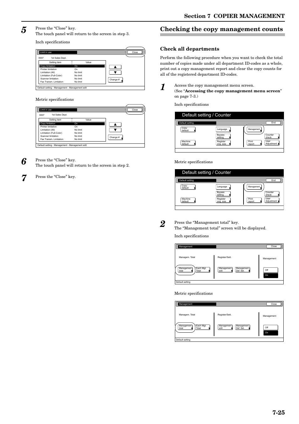 Checking the copy management counts, Checking the copy management counts -25, Check all departments | Default setting / counter | TA Triumph-Adler DCC 2526 User Manual | Page 161 / 311