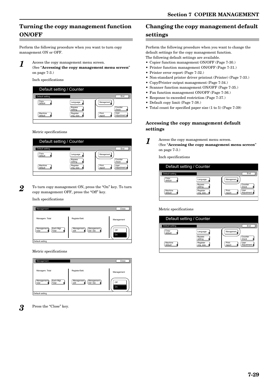 Turning the copy management function on/off, Changing the copy management default settings, 29 turning the copy management function on/off | Accessing the copy management default settings, Default setting / counter | TA Triumph-Adler DCC 2526 User Manual | Page 165 / 311
