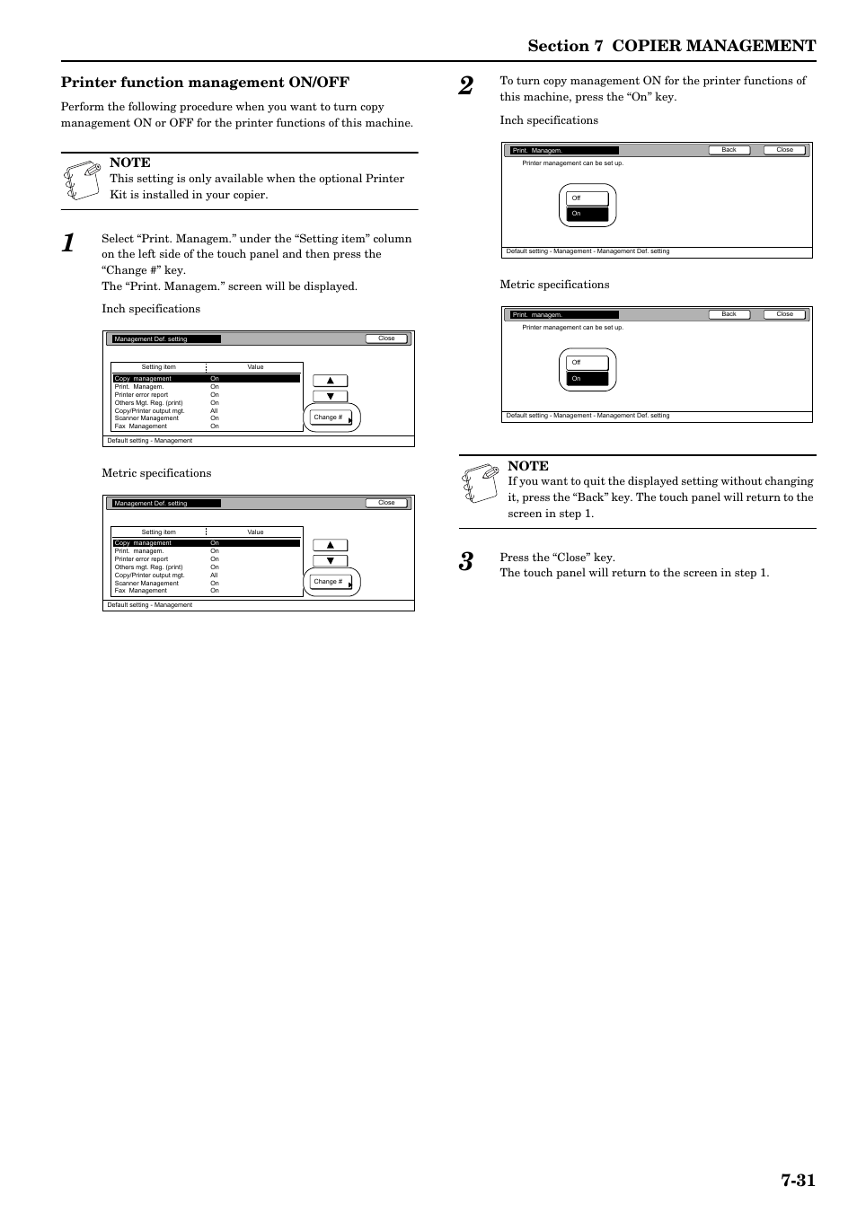 Printer function management on/off | TA Triumph-Adler DCC 2526 User Manual | Page 167 / 311