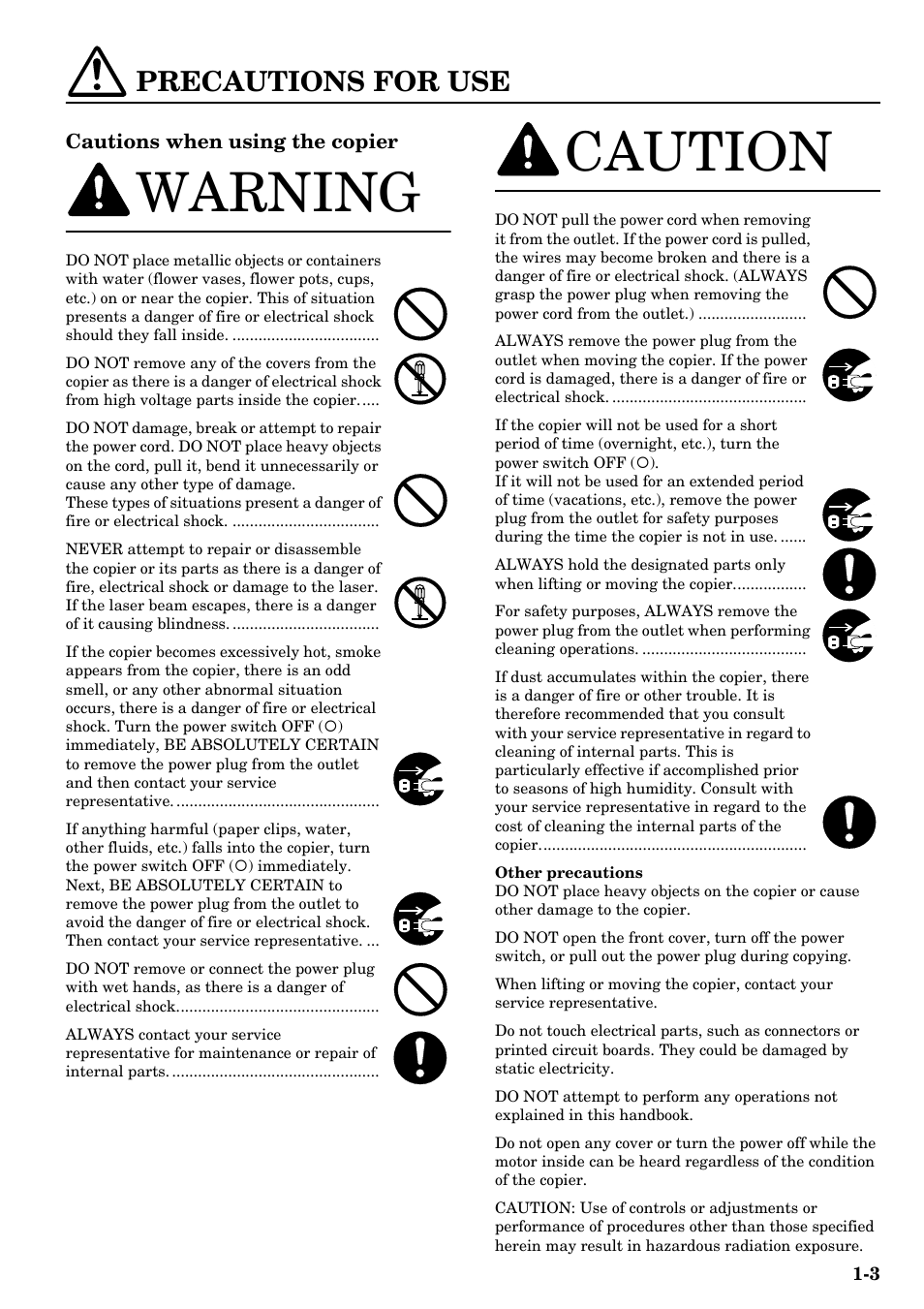 Precautions for use, Precautions for use -3, Warning | Caution, Cautions when using the copier | TA Triumph-Adler DCC 2526 User Manual | Page 17 / 311