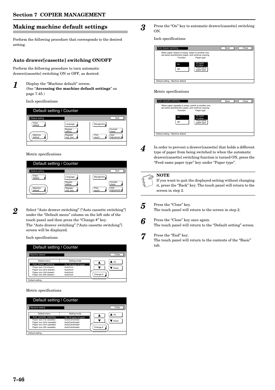 Making machine default settings, Making machine default settings -46, 46 making machine default settings | Auto drawer[cassette] switching on/off, Default setting / counter | TA Triumph-Adler DCC 2526 User Manual | Page 182 / 311