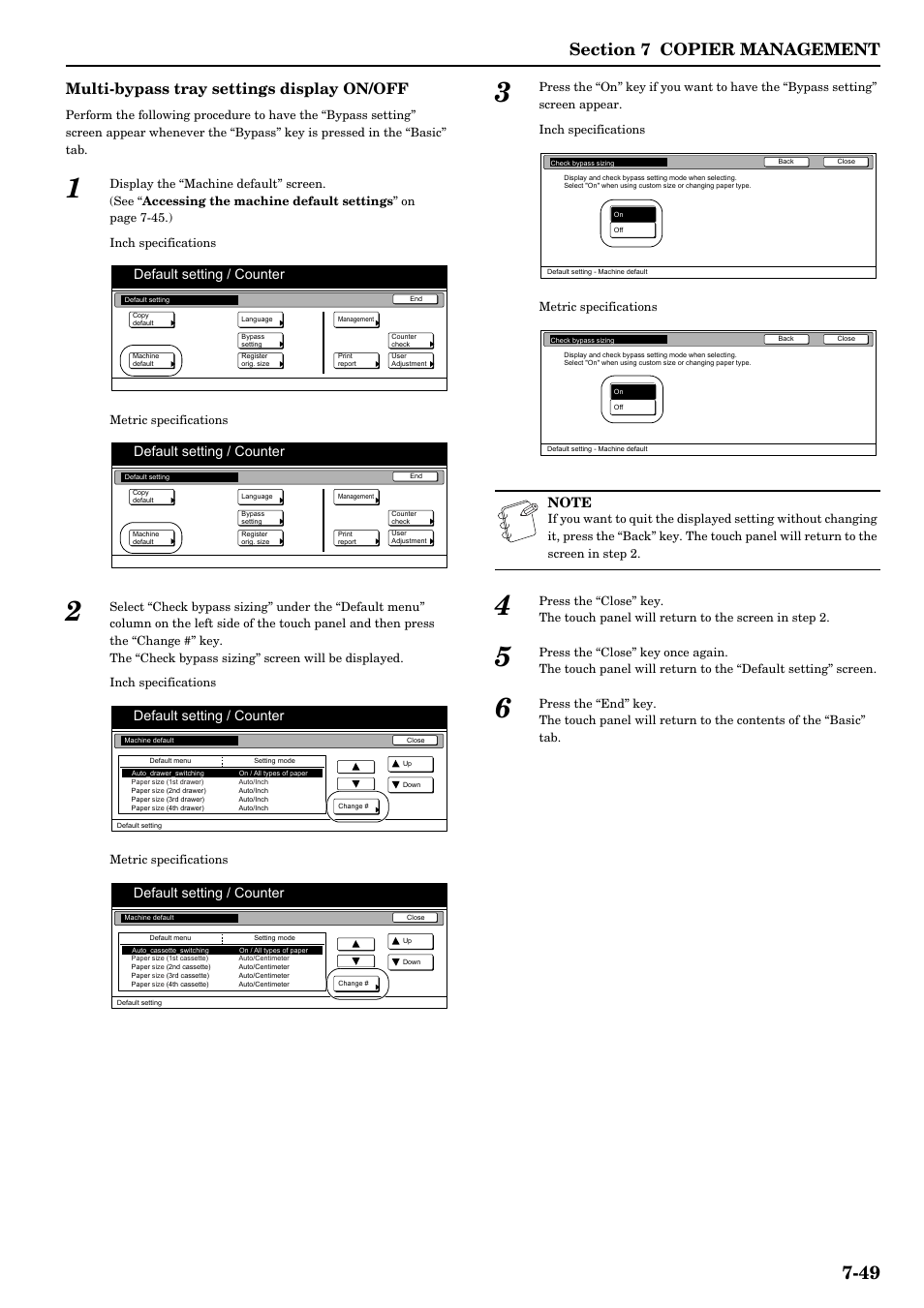 Multi-bypass tray settings display on/off, Default setting / counter | TA Triumph-Adler DCC 2526 User Manual | Page 185 / 311