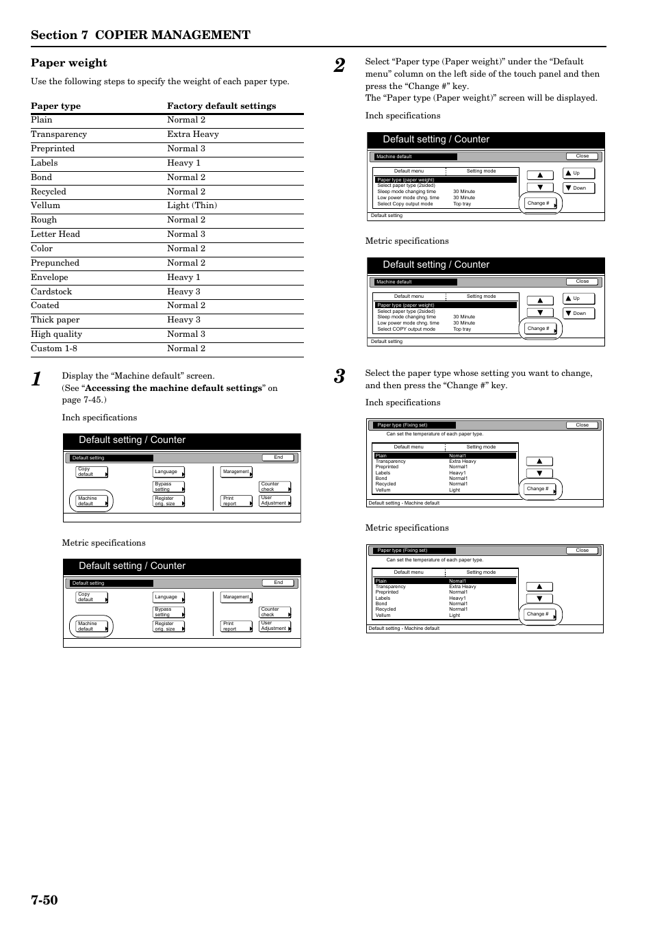 Paper weight ” o, Paper weight, Default setting / counter | TA Triumph-Adler DCC 2526 User Manual | Page 186 / 311