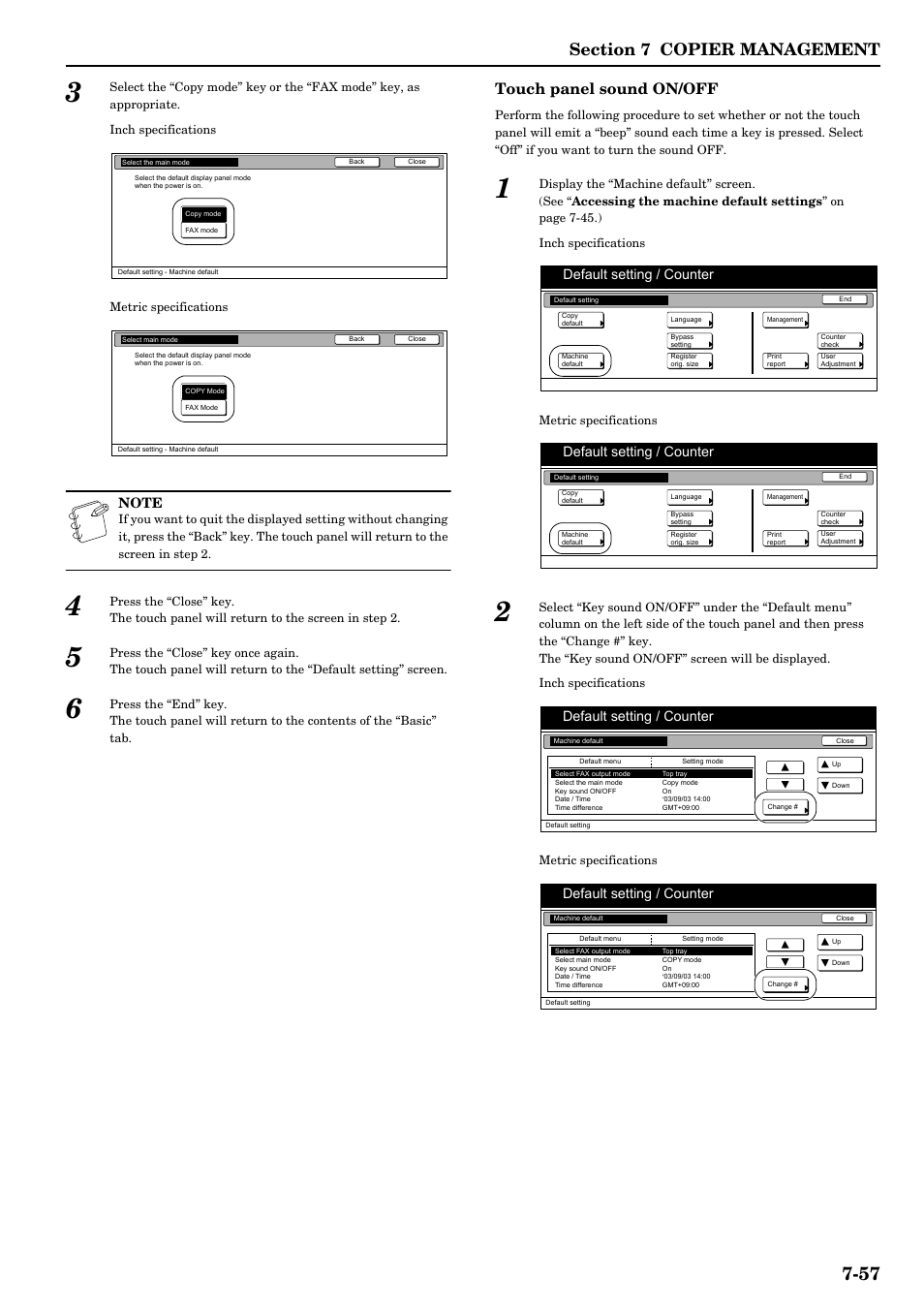 Touch panel sound on/off, Default setting / counter | TA Triumph-Adler DCC 2526 User Manual | Page 193 / 311