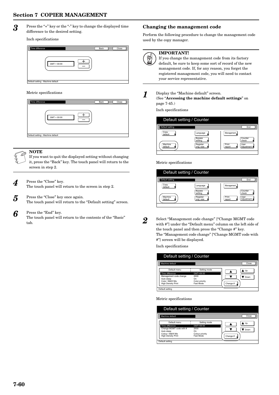 Changing the management code, Important, Default setting / counter | TA Triumph-Adler DCC 2526 User Manual | Page 196 / 311