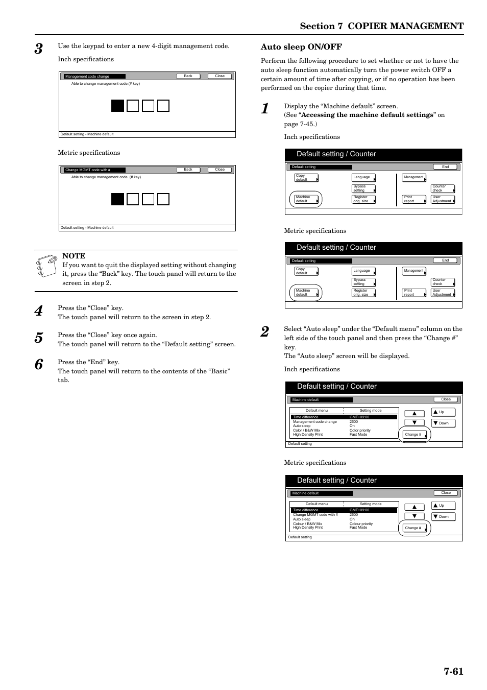Auto sleep on/off, Default setting / counter | TA Triumph-Adler DCC 2526 User Manual | Page 197 / 311