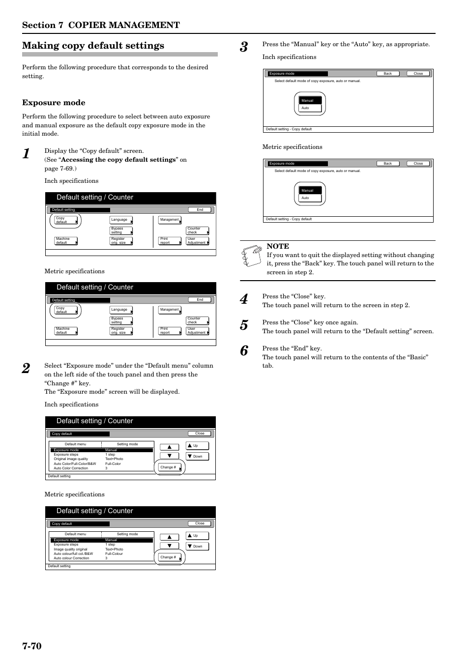 Making copy default settings, Making copy default settings -70, Exposure mode | 70 making copy default settings, Default setting / counter | TA Triumph-Adler DCC 2526 User Manual | Page 206 / 311