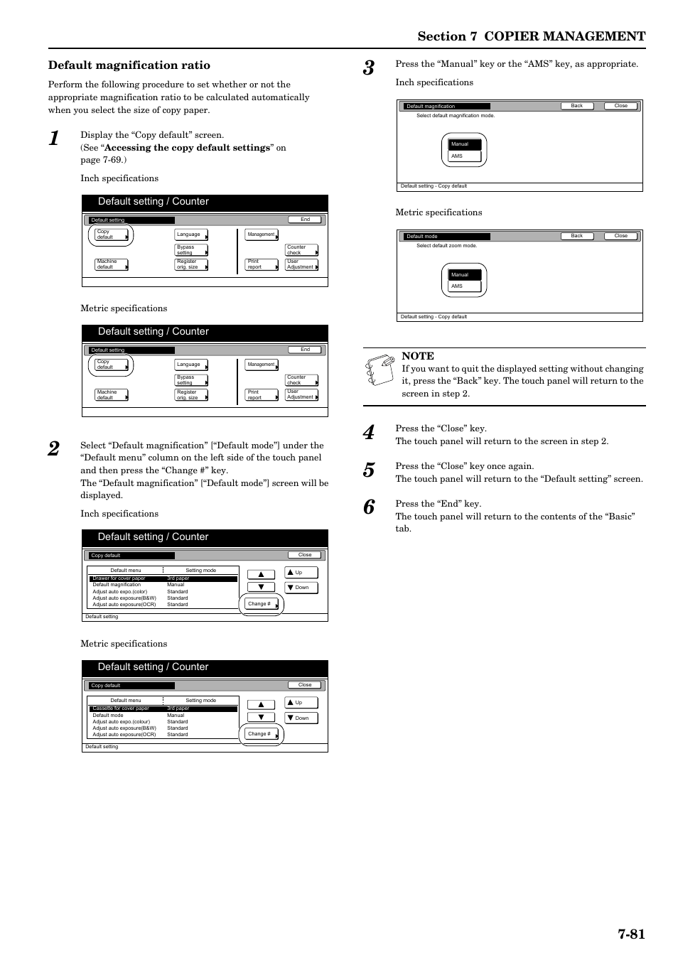 Default magnification ratio, Default setting / counter | TA Triumph-Adler DCC 2526 User Manual | Page 217 / 311