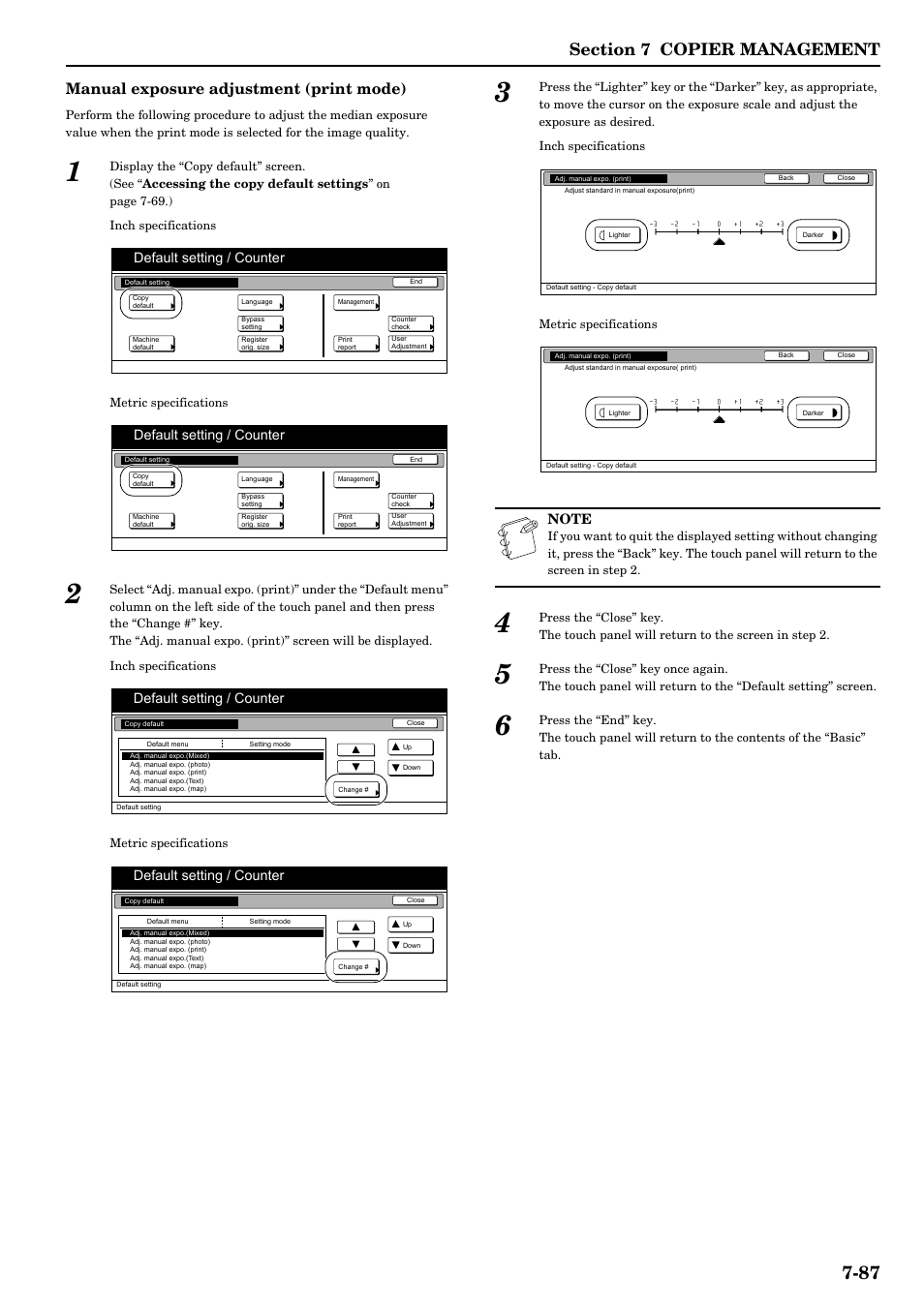 Manual exposure adjustment (print mode), Default setting / counter | TA Triumph-Adler DCC 2526 User Manual | Page 223 / 311