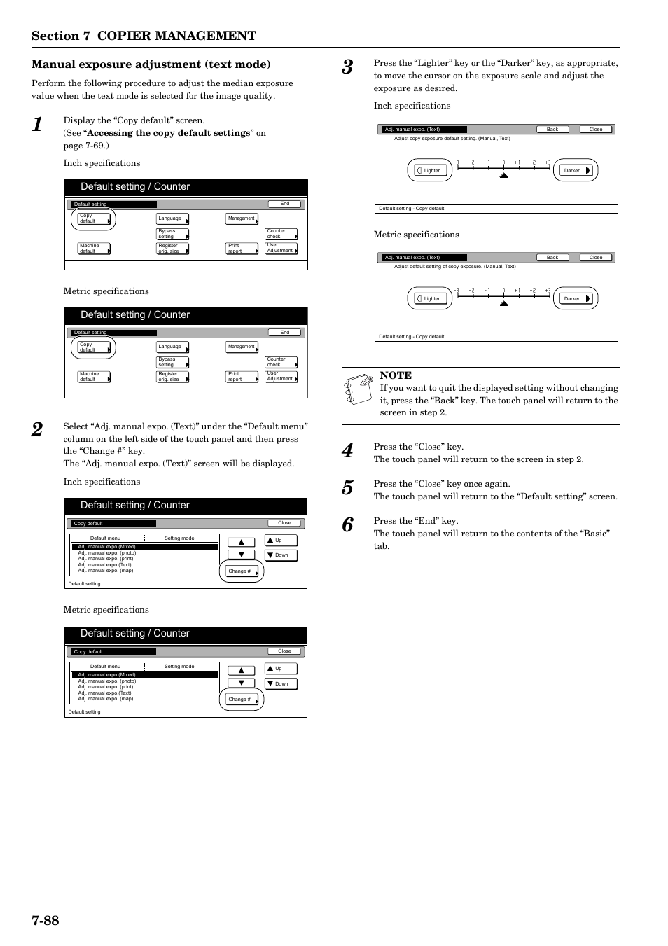 Manual exposure adjustment (text mode), Default setting / counter | TA Triumph-Adler DCC 2526 User Manual | Page 224 / 311