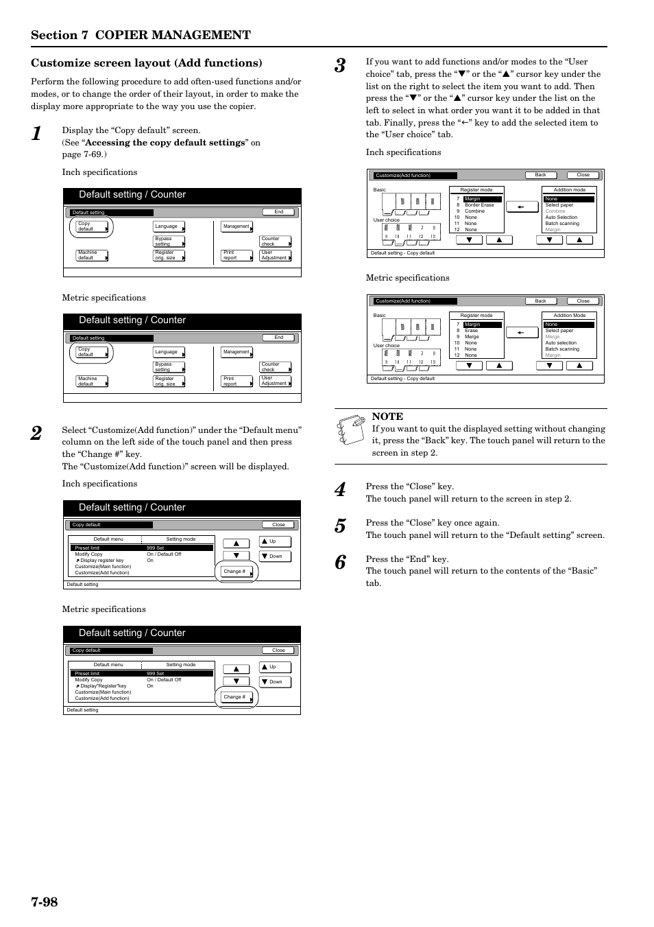 Customize screen layout (add functions), Default setting / counter | TA Triumph-Adler DCC 2526 User Manual | Page 234 / 311