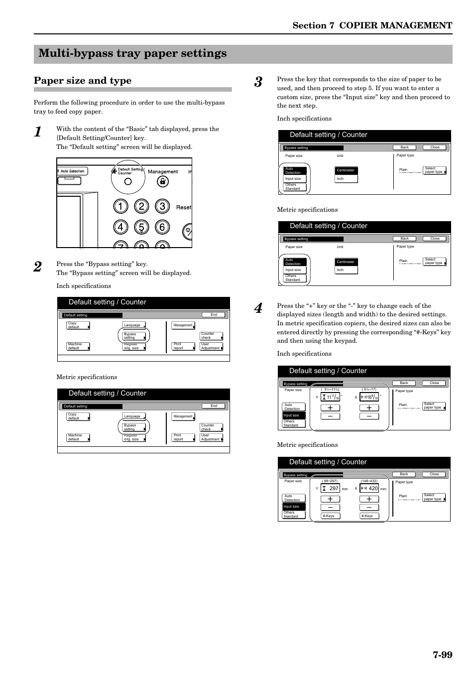 Multi-bypass tray paper settings, Paper size and type, Multi-bypass tray paper settings -99 | Paper size and type -99, 99 paper size and type, Default setting / counter | TA Triumph-Adler DCC 2526 User Manual | Page 235 / 311