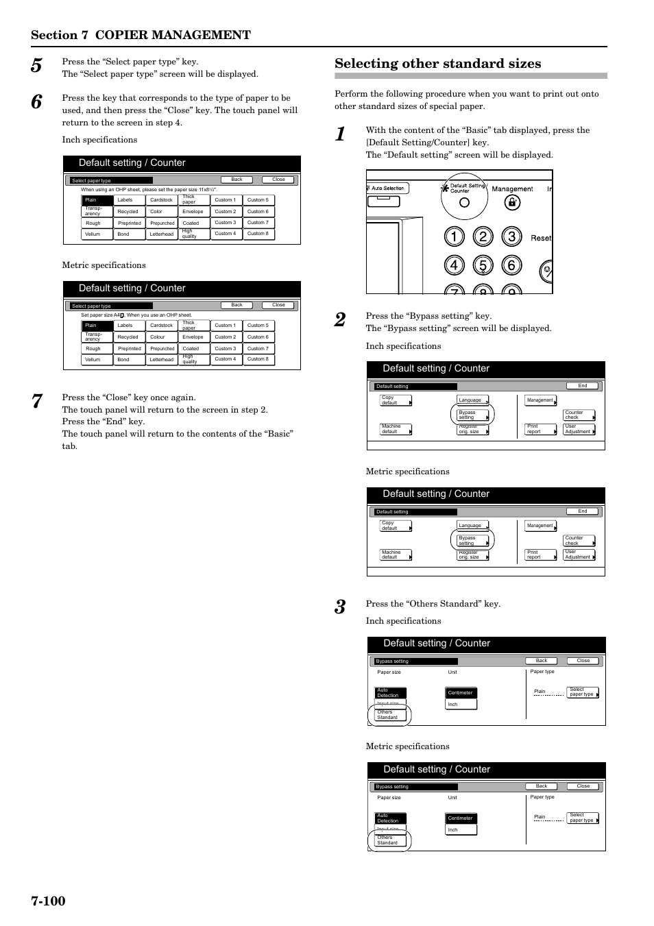 Selecting other standard sizes, Selecting other standard sizes -100, Default setting / counter | TA Triumph-Adler DCC 2526 User Manual | Page 236 / 311