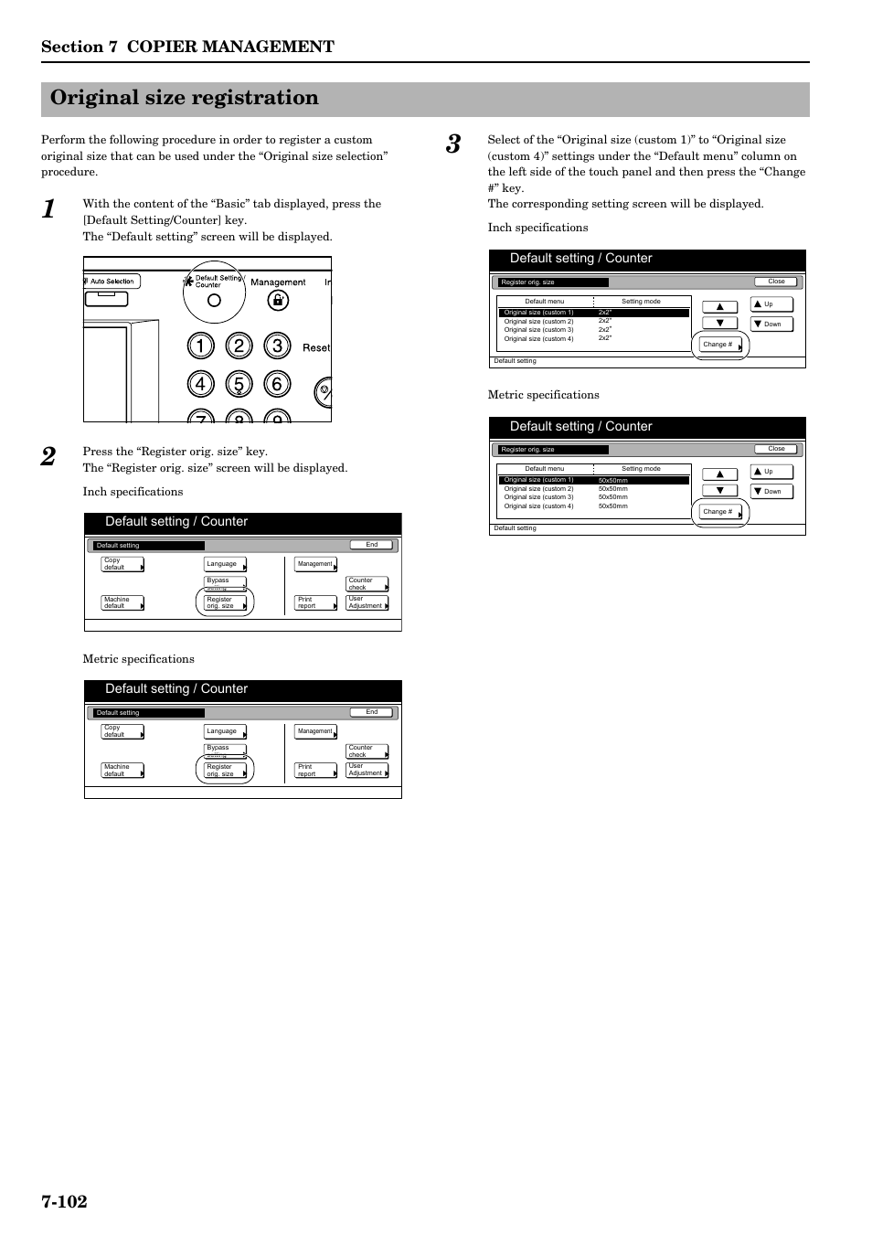 Original size registration, Original size registration -102, Default setting / counter | TA Triumph-Adler DCC 2526 User Manual | Page 238 / 311