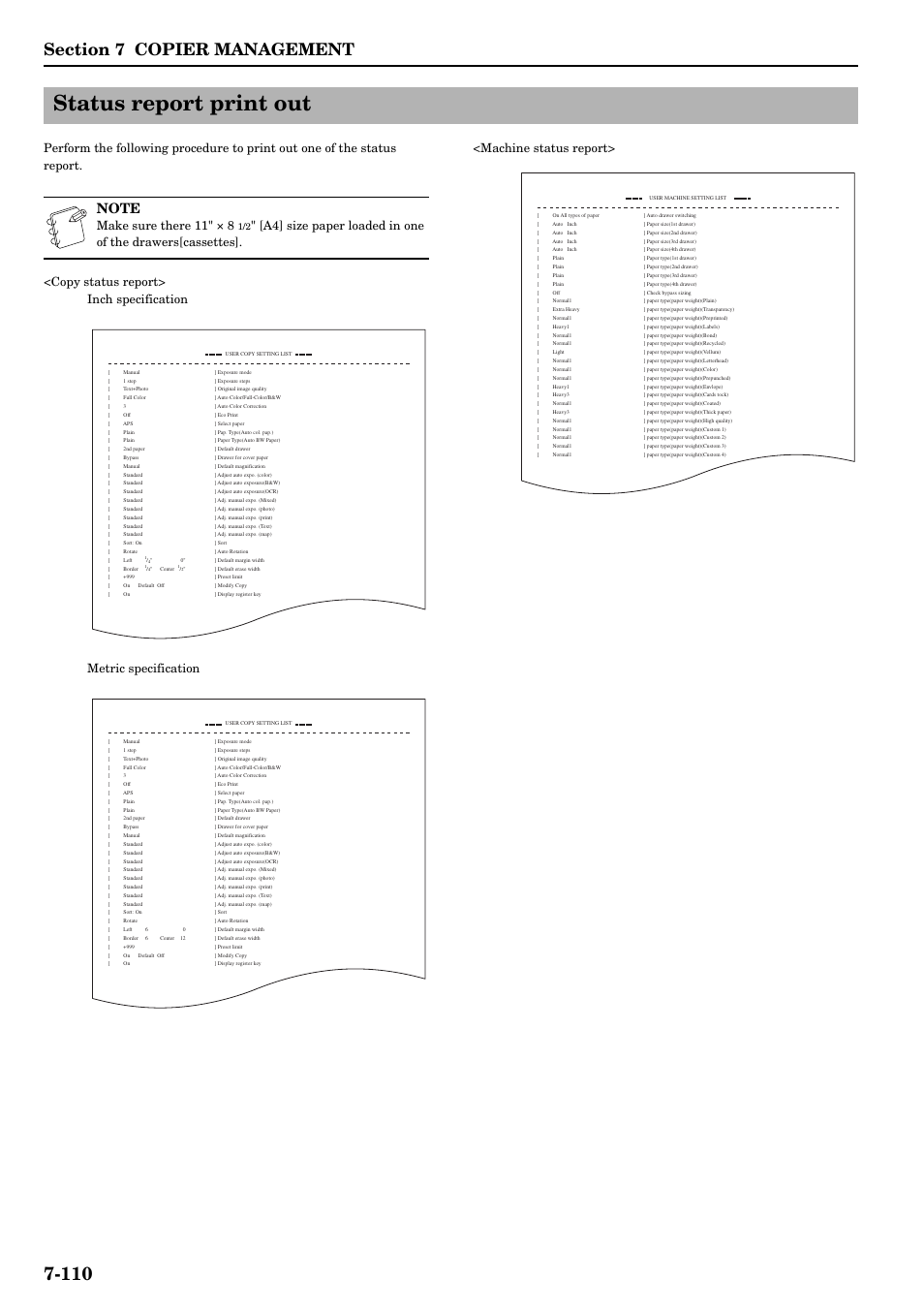 Status report print out, Status report print out -110, Make sure there 11" × 8 | TA Triumph-Adler DCC 2526 User Manual | Page 246 / 311