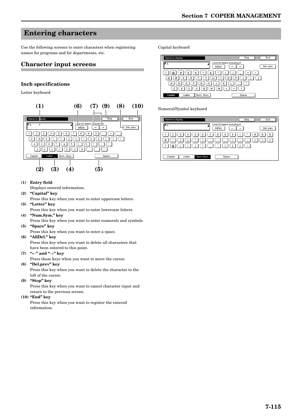Entering characters, Character input screens, Entering characters -115 | Character input screens -115, Inch specifications | TA Triumph-Adler DCC 2526 User Manual | Page 251 / 311