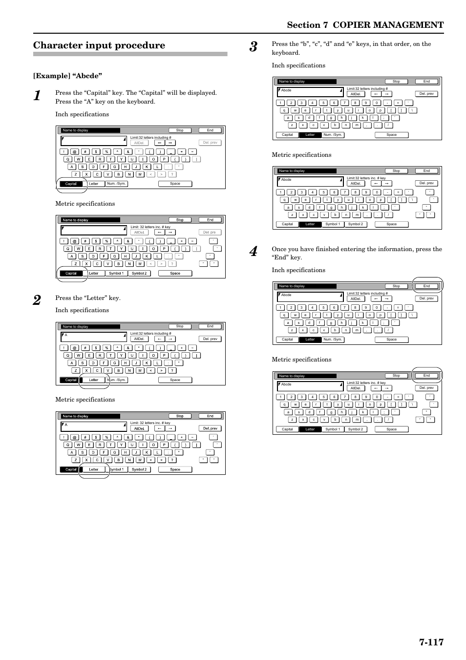 Character input procedure, Character input procedure -117, 117 character input procedure | Example] “abcde | TA Triumph-Adler DCC 2526 User Manual | Page 253 / 311