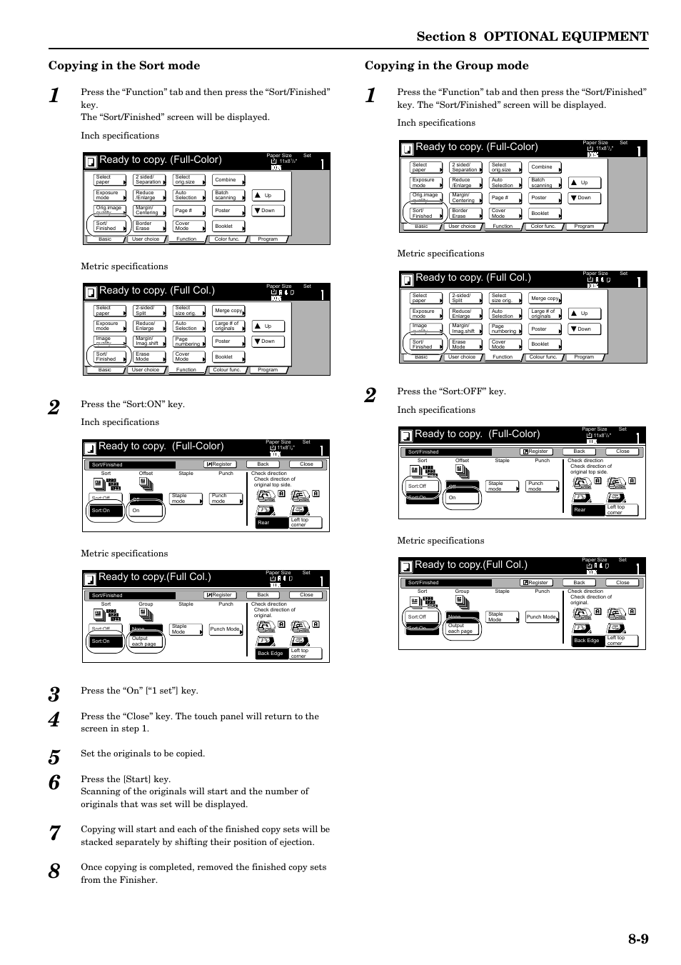 Copying in the sort mode, Copying in the group mode, Ready to copy. (full-color) | Ready to copy. (full col.), Ready to copy.(full col.), Press the “on” [“1 set”] key, Set the originals to be copied | TA Triumph-Adler DCC 2526 User Manual | Page 263 / 311