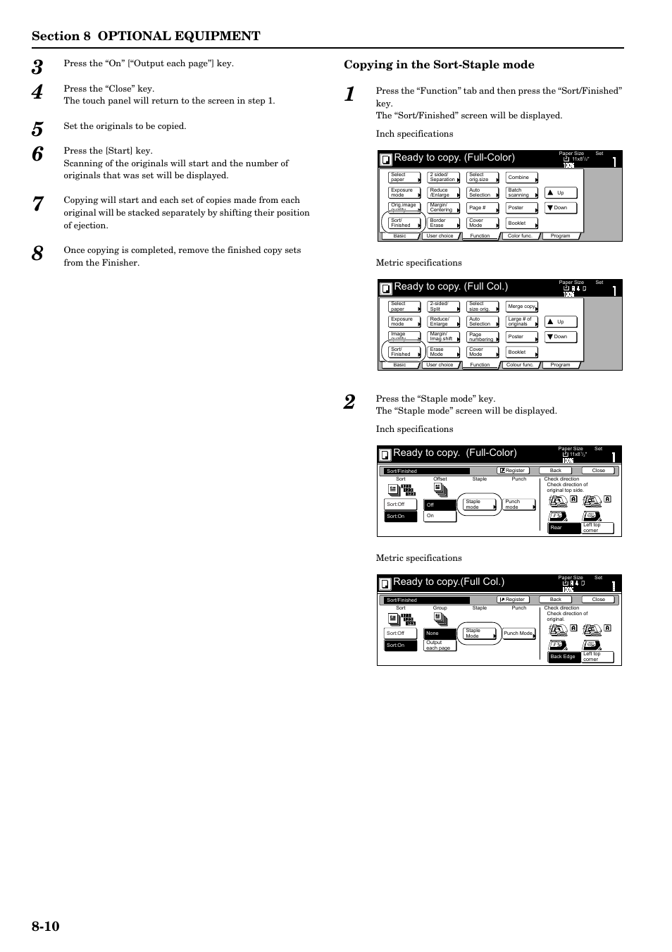 Copying in the sort-staple mode, Ready to copy. (full-color), Ready to copy. (full col.) | Ready to copy.(full col.) | TA Triumph-Adler DCC 2526 User Manual | Page 264 / 311