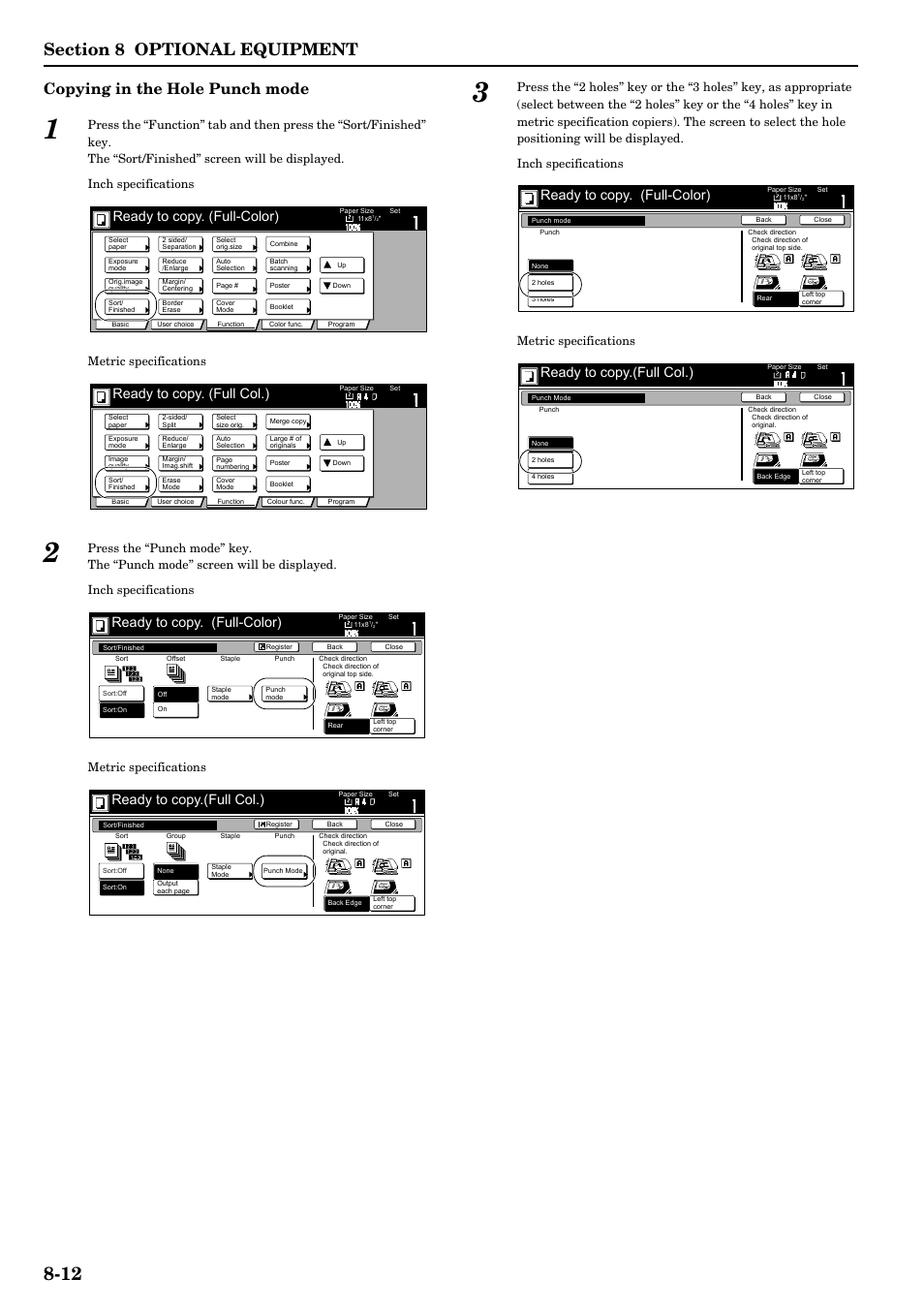 Copying in the hole punch mode, Ready to copy. (full-color), Ready to copy. (full col.) | Ready to copy.(full col.) | TA Triumph-Adler DCC 2526 User Manual | Page 266 / 311