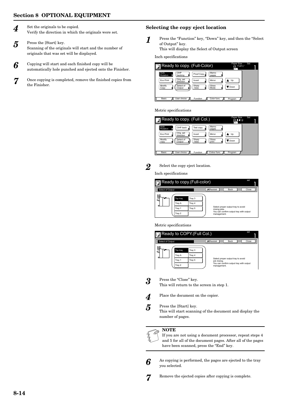 Selecting the copy eject location, Ready to copy. (full-color), Ready to copy. (full col.) | Ready to copy.(full-color), Ready to copy.(full col.) | TA Triumph-Adler DCC 2526 User Manual | Page 268 / 311