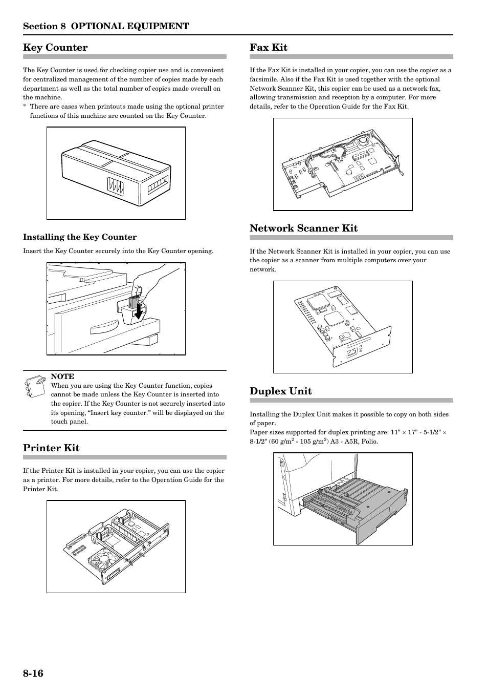 Key counter, Printer kit, Fax kit | Network scanner kit, Duplex unit, 16 key counter | TA Triumph-Adler DCC 2526 User Manual | Page 270 / 311