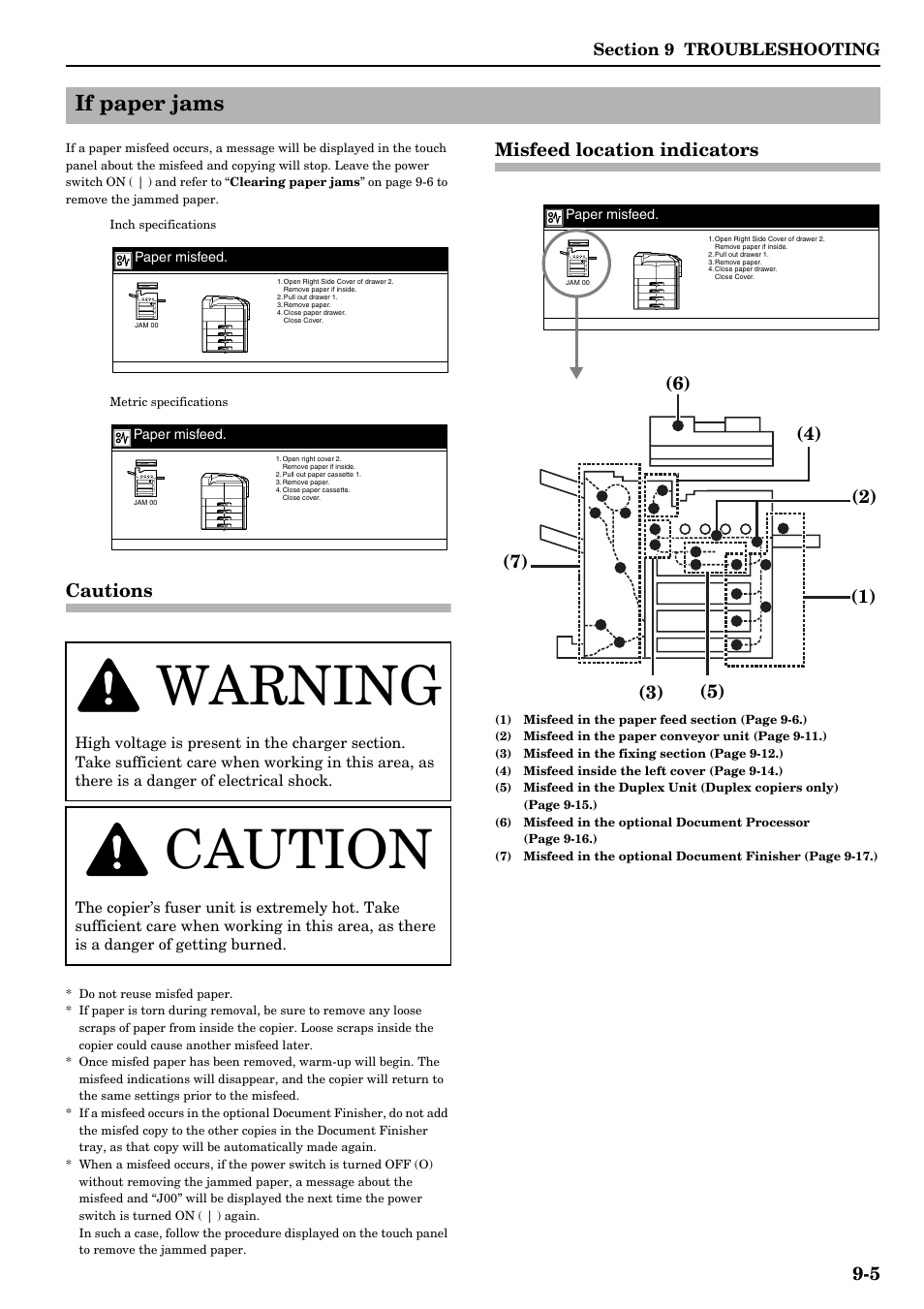 If paper jams, Cautions, Misfeed location indicators | If paper jams -5, Cautions -5 misfeed location indicators -5, Warning, Caution | TA Triumph-Adler DCC 2526 User Manual | Page 275 / 311