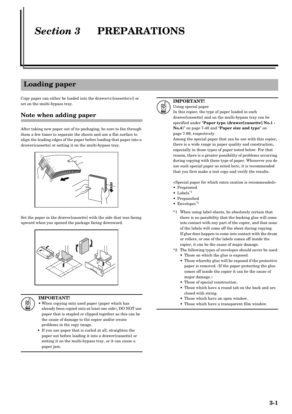 Section 3 preparations, Loading paper, Note when adding paper | Section 3, Preparations -1, Loading paper -1, Note when adding paper -1 | TA Triumph-Adler DCC 2526 User Manual | Page 29 / 311