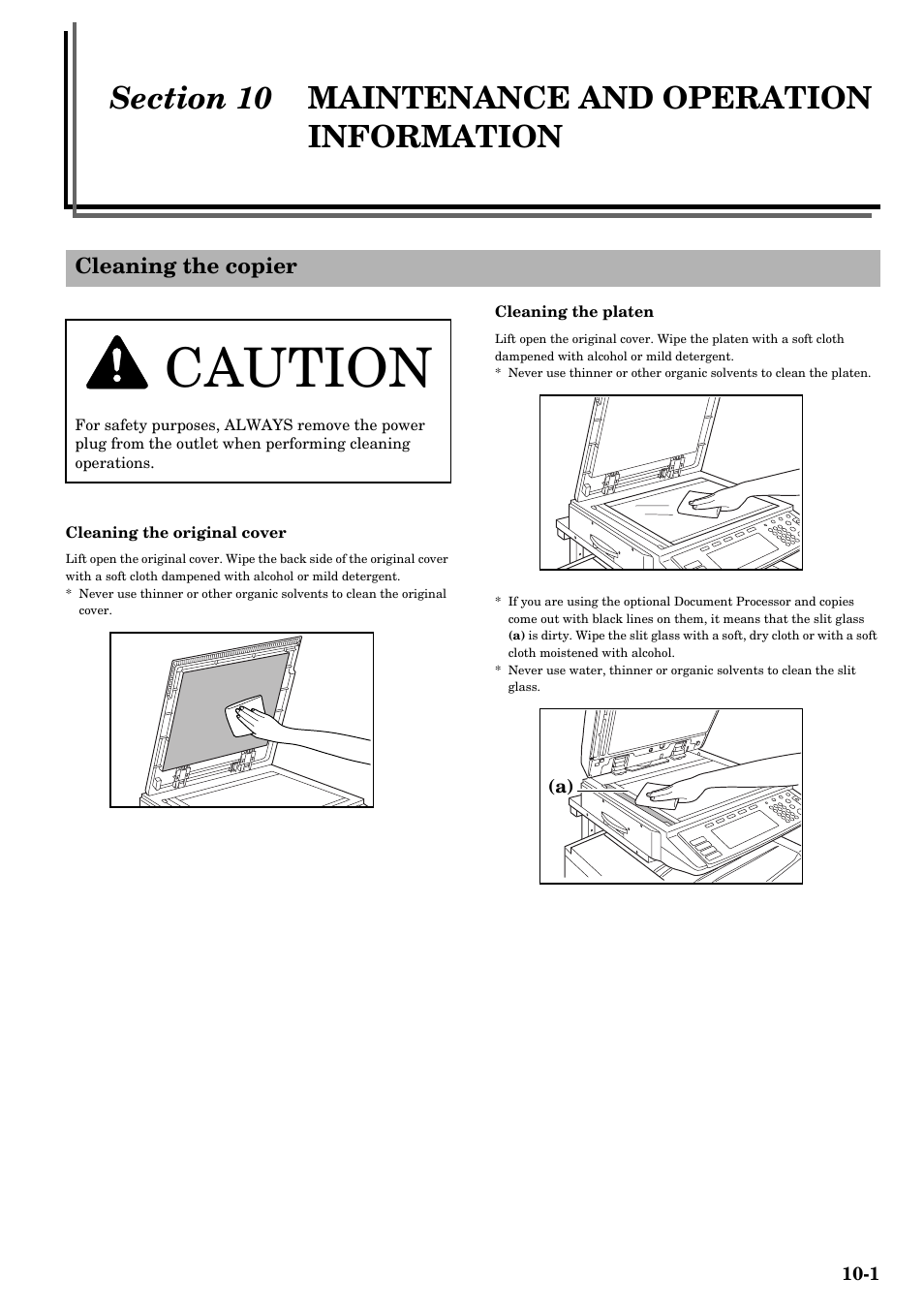 Section 10 maintenance and operation information, Cleaning the copier, Section 10 | Maintenance and operation, Information -1, Cleaning the copier -1, Caution | TA Triumph-Adler DCC 2526 User Manual | Page 291 / 311