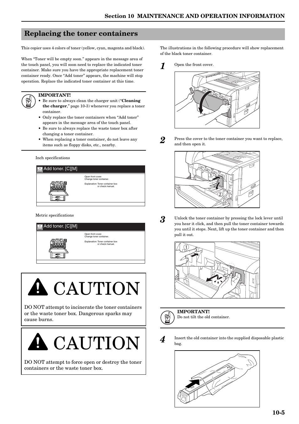 Replacing the toner containers, Replacing the toner containers -5, Caution | TA Triumph-Adler DCC 2526 User Manual | Page 295 / 311