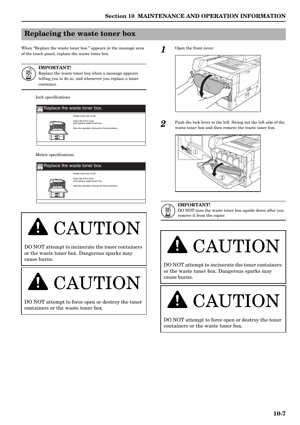 Replacing the waste toner box, Replacing the waste toner box -7, Caution | TA Triumph-Adler DCC 2526 User Manual | Page 297 / 311