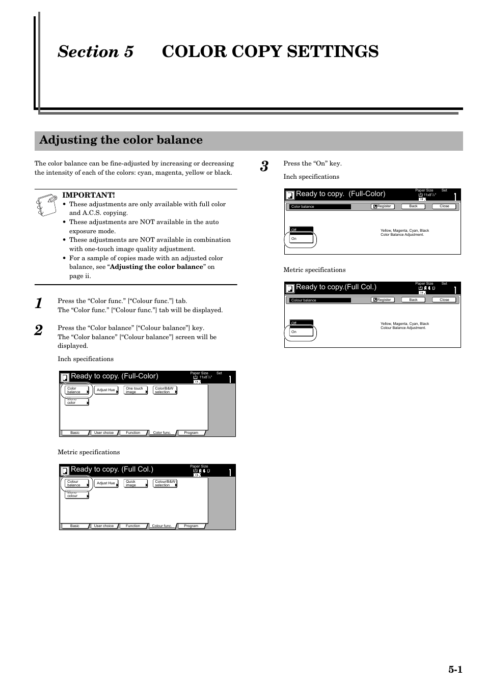 Section 5 color copy settings, Adjusting the color balance, Section 5 | Color copy settings -1, Adjusting the color balance -1, Important, Ready to copy. (full-color), Ready to copy. (full col.), Ready to copy.(full col.) | TA Triumph-Adler DCC 2526 User Manual | Page 41 / 311