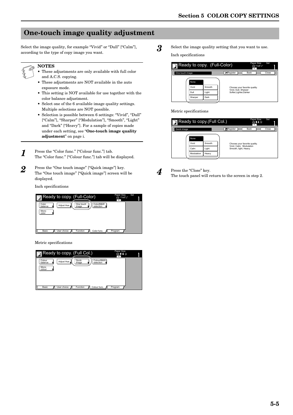 One-touch image quality adjustment, One-touch image quality adjustment -5, Ready to copy. (full-color) | Ready to copy. (full col.), Ready to copy.(full col.) | TA Triumph-Adler DCC 2526 User Manual | Page 45 / 311