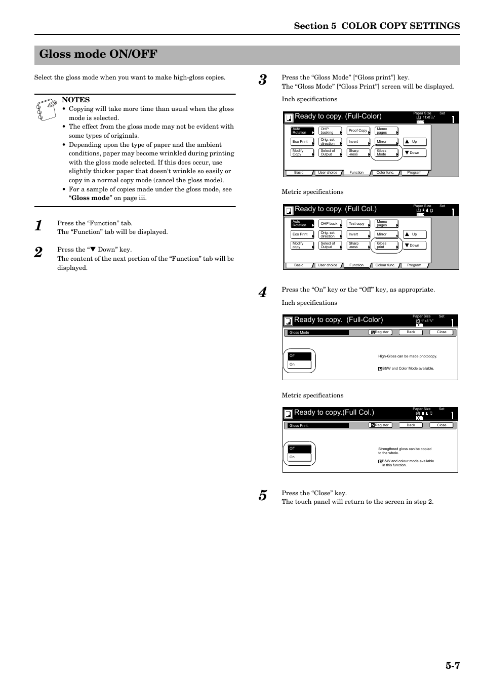 Gloss mode on/off, Gloss copies. (see “ gloss mode on/off, Gloss mode on/off -7 | Ready to copy. (full-color), Ready to copy. (full col.), Ready to copy.(full col.) | TA Triumph-Adler DCC 2526 User Manual | Page 47 / 311