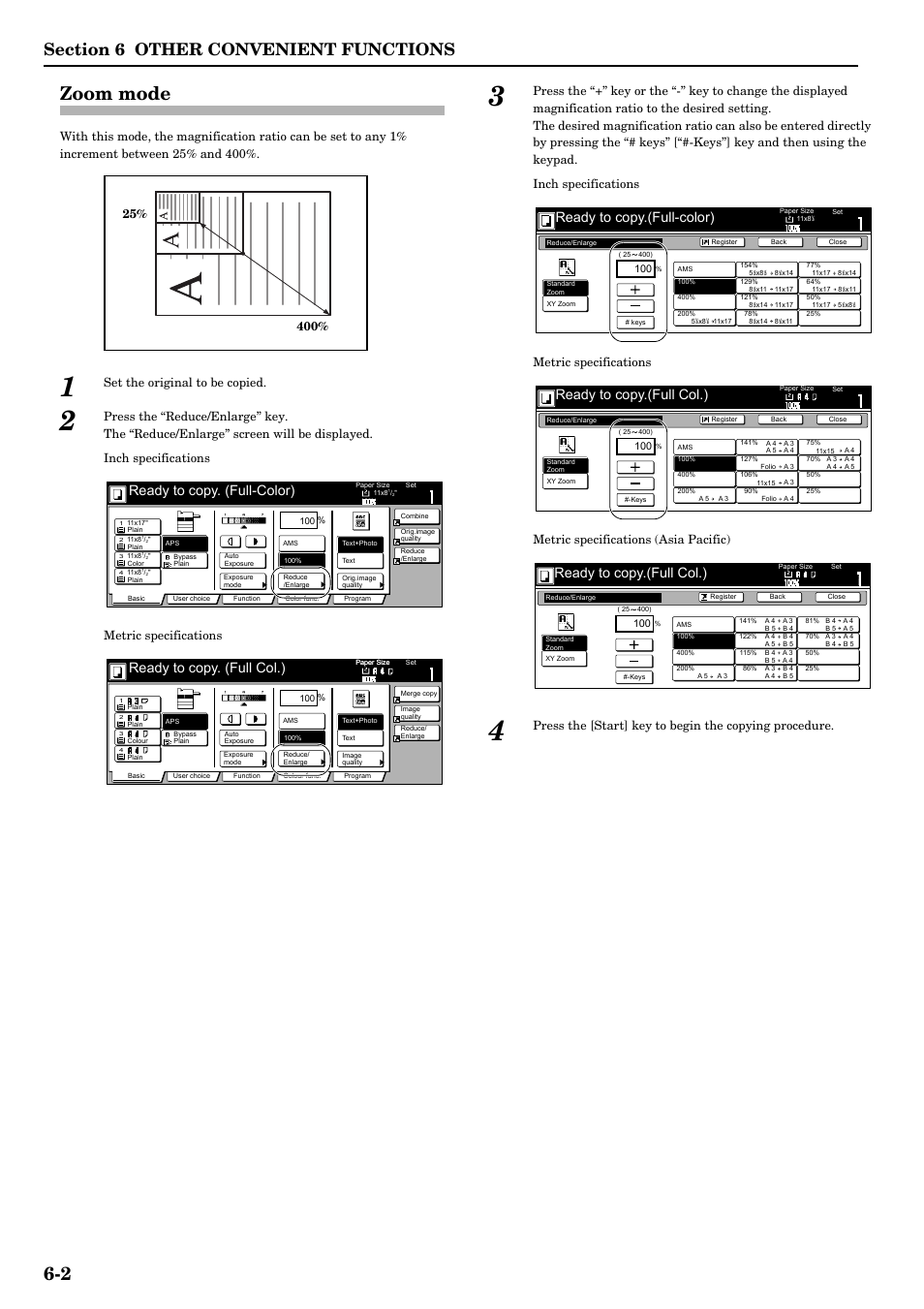 Zoom mode, Zoom mode -2, 2 zoom mode | Ready to copy. (full-color), Ready to copy. (full col.), Ready to copy.(full-color), Ready to copy.(full col.), Set the original to be copied | TA Triumph-Adler DCC 2526 User Manual | Page 50 / 311