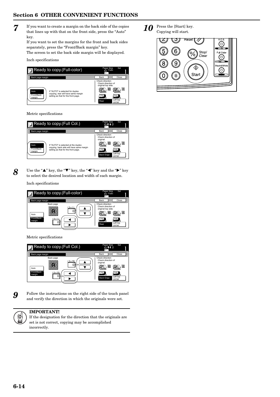 Important, Ready to copy.(full-color), Ready to copy.(full col.) | Press the [start] key. copying will start | TA Triumph-Adler DCC 2526 User Manual | Page 62 / 311