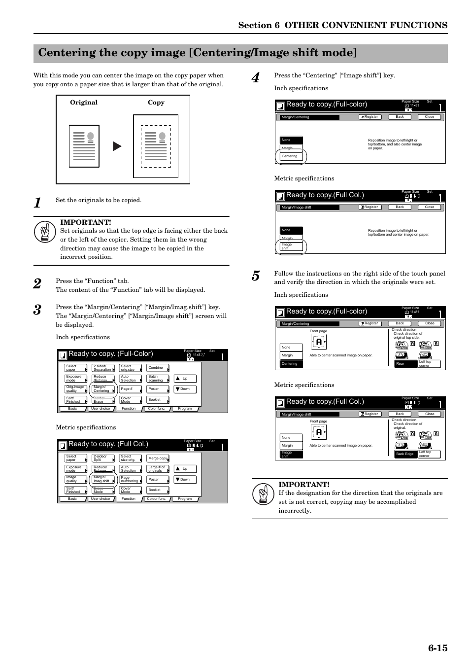Important, Ready to copy. (full-color), Ready to copy. (full col.) | Ready to copy.(full-color), Ready to copy.(full col.), Set the originals to be copied, Original copy | TA Triumph-Adler DCC 2526 User Manual | Page 63 / 311